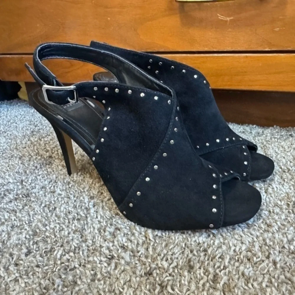 White House Black Market Zailey Black Suede Studded Mule Sling Back Heel